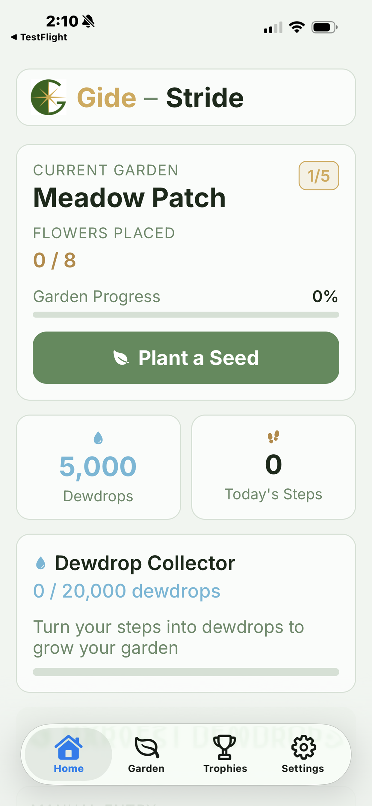 Gide - Stride home screen showing garden progress and daily steps