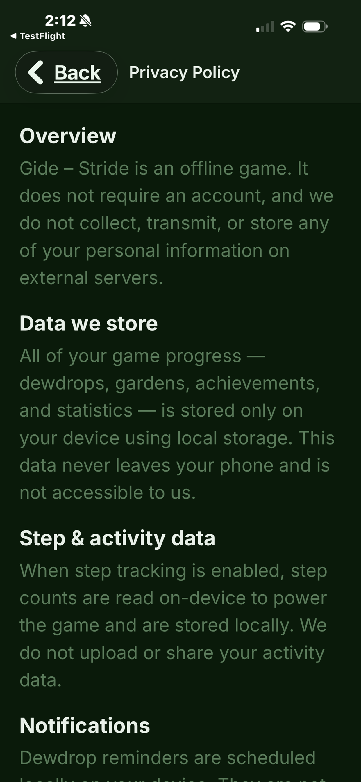Stride privacy policy screen
