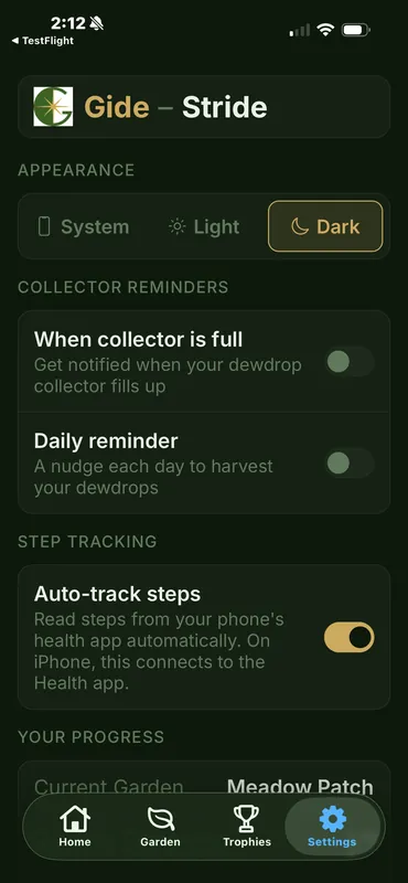 Gide Stride settings screen in dark mode